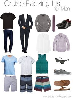 men's clothing and shoes are arranged on a white background with the words cruise packing list for men