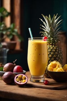 a pineapple smoothie in a glass next to some fruit