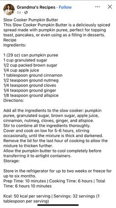 the recipe for grandma's pumpkin butter is shown in this screenshot from her facebook page