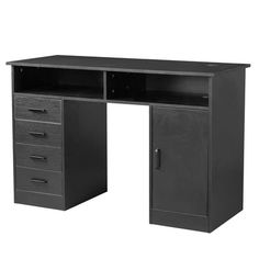 an office desk with drawers and shelves