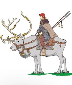 a drawing of a man riding on the back of a white horse with antlers