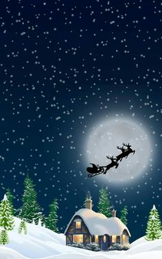 a santa claus sleigh flying in the night sky over a snow covered cabin