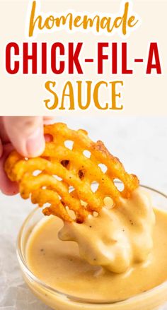 homemade chicken - fil - a sauce in a glass bowl with a hand dipping it