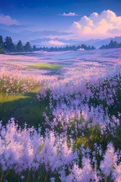 a painting of purple flowers in a field with trees and clouds behind it at sunset