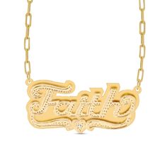 Create a stylish look with this personalized diamond accent name plate necklace. Sterling silver with 14K gold plate Features your name - from three to 10 characters in length - sculpted in an artful script font Scrolling ribbons and a diamond-accented heart shine below Hammered finish Polished plate background 18.0-inch paperclip chain necklace; lobster claw clasp Gold Nameplate Necklace With Diamond Accents, Gold Diamond Engraved Name Necklace, Valentine's Day Nameplate Necklace With Adjustable Chain, Gold Nameplate Charm Necklace For Valentine's Day, Personalized Gold Name Necklace With Diamond Accents, Gold Metal Nameplate Necklace, Valentine's Day Yellow Gold Nameplate Necklace, Personalized Metal Nameplate Chain Necklace, Paper Clip Chain Necklace