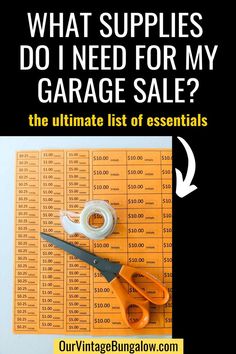 bright orange garage sale pricing labels paired with scissors and scotch tape text reads - what supplies do i need for my garage sale the ultimate list of essentials Garage Organization, Box Signs, Garage Sales