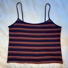 Forever 21 Spaghetti Strap Top Navy, Orange, Red, White Stripes Ribbed Detailing Nwot Forever 21 Spaghetti Straps Tank Top For Summer, Casual Orange Spaghetti Strap Top, Forever 21 Casual Spaghetti Strap Tank Top, Forever 21 Cropped Tank Top, Forever 21 Fitted Spaghetti Strap Tank Top, Forever 21 Fitted Tank Top, Fitted Cotton Tank Top Forever 21, Red White Stripes, Spaghetti Strap Top