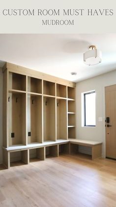 an empty room with wooden shelves in it and the words custom room must haves