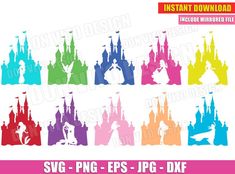 disney castle silhouettes in different colors with the words svg - epsp and dxf