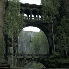 an old bridge over a river with trees in the foreground