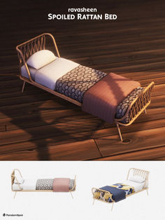 an image of a bed that is in the middle of some wood flooring and it's made out of metal