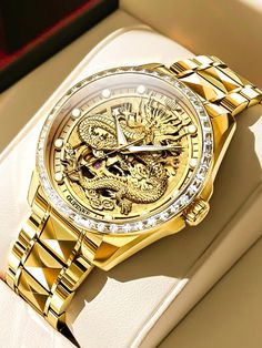 Vintage,Fabulosa Collar    Relojes de Pulsera Embellished Gold Stainless Steel Watch With Skeleton Dial, Gold Stainless Steel Chronograph Watch With Skeleton Dial, Men’s Gold Watch, Luxury Watches For Men Most Expensive, Watches For Men Gold, Gold Watches For Men, Men Watches Classy, Gold Wrist Watch, Lux Watches