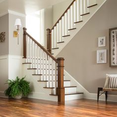 a living room filled with furniture and a stair case next to a plant on top of a hard wood floor