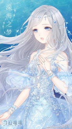 an anime character with long white hair and blue eyes is standing in the water, holding her hands to her chest