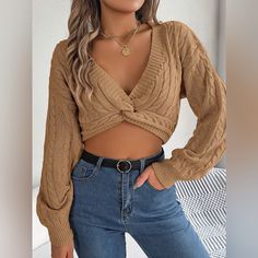 Features: Cable-Knit, Twisted Stretch: Moderate Stretch Material Composition: 100% Acrylic Care Instructions: Machine Wash Cold. Tumble Dry Low. Imported Product Measurements: S: Bust 39 In, Shoulder 20.3 In, Sleeve Length 20.7 In, Length 14.8 In M: Bust 40.6 In, Shoulder 21.1 In, Sleeve Length 21.1 In, Length 15.2 In L: Bust 42.9 In, Shoulder 21.8 In, Sleeve Length 21.5 In, Length 15.6 In Twisted Top, Pyjama Satin, Pullover Mode, Body Chains, Camel Sweaters, Cropped Pullover, Crop Sweater, Lantern Sleeve, Outfit Casual