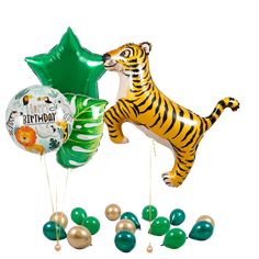 some balloons are in the shape of animals and one balloon is shaped like a tiger