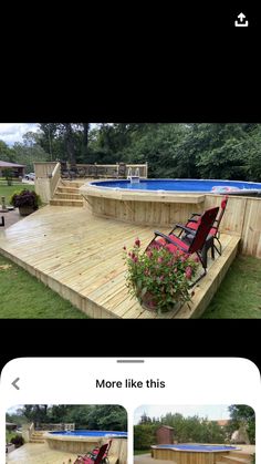 an image of a deck with chairs and a pool in the back ground, before and after being installed