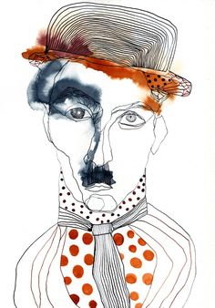 a drawing of a man wearing a hat and tie with spots on his necktie