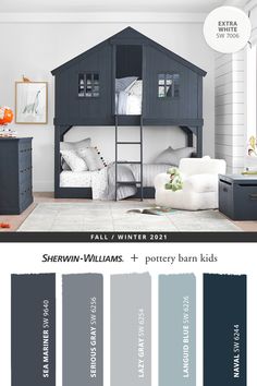 the color scheme for shelving williams and pottery barn kids's bedroom is shown