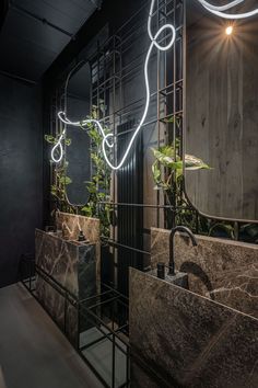 a bathroom with marble sinks and plants on the counter top, along with black walls