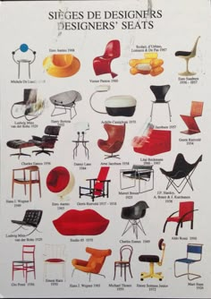 an advertisement for different types of designer's chairs from the 1950's to 1970's