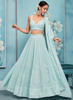 Sky Blue Traditional Dress, Pale Blue Lehenga, Lehenga Simple Elegant Classy, Sky Blue Lehenga Party Wear, Bollywood Blue Sleeveless Sets, Blue Sleeveless Chikankari Embroidery Set, Blue Sleeveless Set With Chikankari Embroidery, Blue Sleeveless Sets With Chikankari Embroidery, Blue Choli With Chikankari Embroidery For Wedding