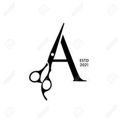 black and white monogrammed logo with scissors for the initial letter'a '