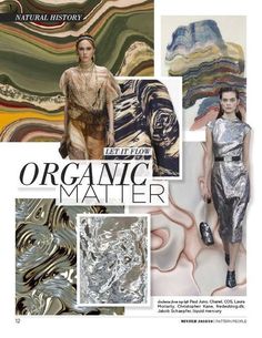 an advertisement for the natural history of organic matter, with images of women in metallic dresses