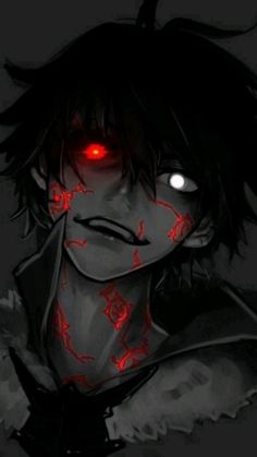 an anime character with red eyes and blood on his face, staring at the camera