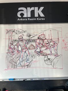 a drawing on the side of a whiteboard in front of a sign that says ark