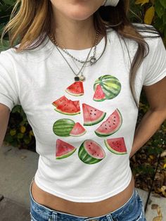 Watermelon Baby Tee, Watermelon Shirt, Aesthetic Fruit Shirt, Fruit Tee, Vintage Fruit Shirt, Watermelon Graphic T-Shirt *IMPORTANT PLEASE READ BEFORE PURCHASING* My store uses DTG (Direct to Garment) printing. This means the design is printed into the garment. This means it is designed to last longer than other printing processes. Due to this printing process the design colors may not be as vibrant as shown in the photos. There may at times be a slight difference between real and perceived colo Watermelon Outfit Aesthetic, Fruit Outfits, Watermelon Clothes, Watermelon Graphic, Summer Graphic Tees, Photo T Shirt, Watermelon T Shirt, Watermelon Outfit, Aesthetic Fruit