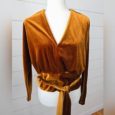 Good American Brand Long Sleeved Blouse In Golden Copper Color. Has Removable Waist Ribbon & Is A Soft Velvet Texture. Size 0 Nwot Tux Shirt, Purple Crewneck, Golden Copper, Crewneck Sweatshirt Women, Velvet Texture, Pleated Shirt, Velvet Bodysuit, Silky Blouse, Blouse Sleeveless