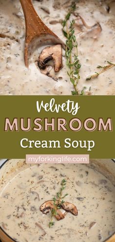 creamy mushroom cream soup in a pot with a wooden spoon