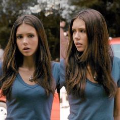 two pictures of a woman with long hair and wearing a blue t - shirt looking at the camera