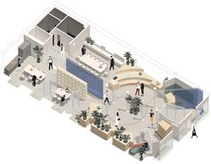 an aerial view of a building with people walking around the room and sitting at tables