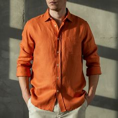 Discover the perfect summer look with our Men's Linen Shirt, Pumpkin Orange, Pink colour AUTUMN for Halloween, Classic Button Up style. Material: Made from 100% pure, high-quality linen Sustainability: Ethically sourced and sustainable Craftsmanship: Custom tailored by expert tailors Sizing: Advanced sizing for a perfect fit, including plus sizes Details: Custom button options for added style Upgrade your wardrobe with this must-have yellow linen shirt. Check out our men's linen collection for m Mens Pink Linen Shirt Outfit, Peach Color Shirt For Men, Orange Button Up Shirt Outfit Men, Yellow Linen Shirt, Cheap Orange Men's Shirt, Men’s Linen Button Up, Mens Linen Shirts Summer, Bright Clothing, Montana Summer