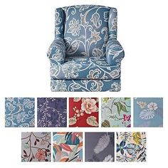 an upholstered chair with different patterns and colors