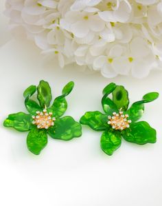 Light green flower earrings. Ideal for evenings, weddings, parties, proms, photoshoots, and on every day.   Earrings made of high-quality crystal and acetate CUSTOM ORDER It is Fully HANDMADE earrings and if you want to purchase this earring in a different color or size, send me please a direct message. If you have any questions don't be hesitate to ask me. Please visit my shop to see more models made by me https://www.etsy.com/shop/LaranBijou DIMENSIONS Length - 8cm (3 inch) Weight 15 grams Cli Flower Drop Earrings For Party, Drop Earrings With Flower Decoration For Party, Party Flower Drop Earrings, Party Flower Decoration Drop Earrings, Green Flower Shaped Earrings For Party, Green Flower Earrings For Party, Green Flower Shaped Jewelry For Party, Green Flower-shaped Party Earrings, Green Flower Shaped Party Earrings