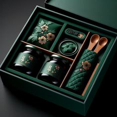 a green box with spoons and jars in it