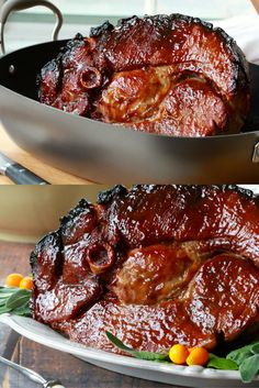 two pictures of meat being cooked in a skillet and on a plate with vegetables