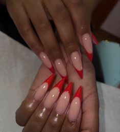 Red Tip Almond Nails, Dec Nails, Red Nail Set, French Stiletto, Tip Almond Nails, Stiletto Nails Short, Nail Goals, Swarovski Nails, Tattoo Women