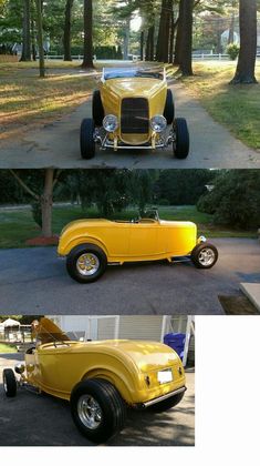 an old yellow car is parked in the driveway