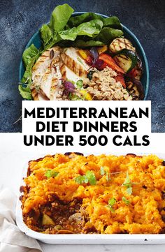 the cover of mediterraneann diet dinners under 500 cals, with an image of a casserole dish