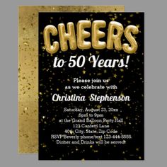 cheers to 50 years birthday party card with gold foil confetti and black background