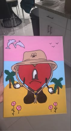 a painting of a heart with a hat on it's head and birds flying around