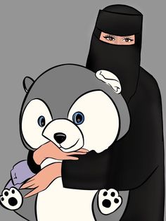 a person in a black outfit hugging a panda bear