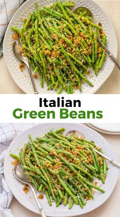 italian green beans with parmesan cheese and seasoning on top in a white plate