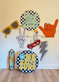 2 ft one cool dude birthday decorations and skater room decorations. These party decorations will be a hit and add so much life and style to photos to bring your theme together!  Perfect for a halloween, skater, rad little dude birthday, spooky little dude birthday and retro style birthday - skate and surfer themed events. all items are customizable with names and colors! These can easily be hung with command strips or you can attach garden stakes for outdoors if weather permitting. Colors may vary slightly. PLEASE NOTE: My turnaround time is currently 1-3 weeks - Please message me IN ADVANCE if you are short on time & I will let you know if I can accommodate your time frame. I ship priority USPS. Priority express shipping can be purchased at checkout for an additional charge. All sales ar Garage Door Birthday Decorations, 10 Party Theme, Vans First Birthday, Retro Birthday Party Decorations, One Spooky Dude Birthday Decorations, One Rad Dude First Birthday, One Rad Dude Birthday, Two Rad Birthday Party, 2 Cool Birthday Party Boy