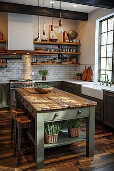 a kitchen island with two plants on it in front of a sink and stove top