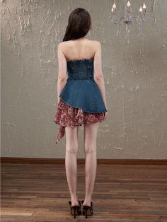 Mixed fabric strapless denim dress Strapless Denim Dress For Spring Party, Spring Party Strapless Denim Dress, Spring Sleeveless Denim Corset Dress, Fitted Denim Corset Dress For Summer, Spring Denim Sleeveless Corset Dress, Summer Denim Fitted Corset Dress, Strapless Fitted Denim Dress For Spring, Fitted Cotton Corset Dress For Spring, Strapless Stretch Denim Dress For Spring